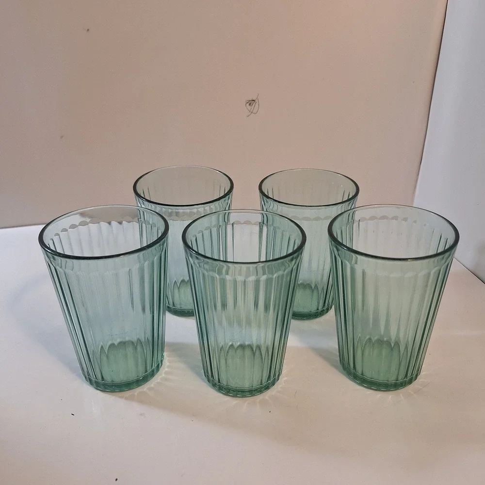IKEA Green Ribbed Drinking Glasses Tumblers KALLNA Made in FRANCE 5 Glasses